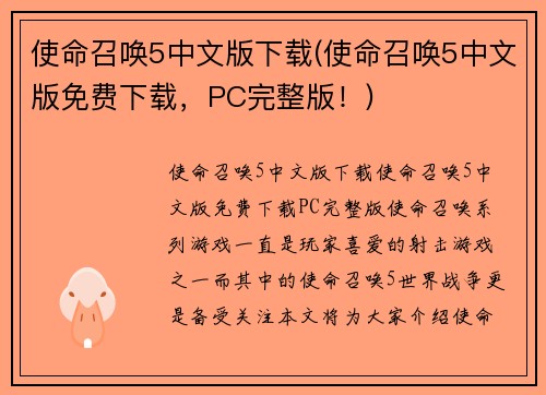 使命召唤5中文版下载(使命召唤5中文版免费下载，PC完整版！)